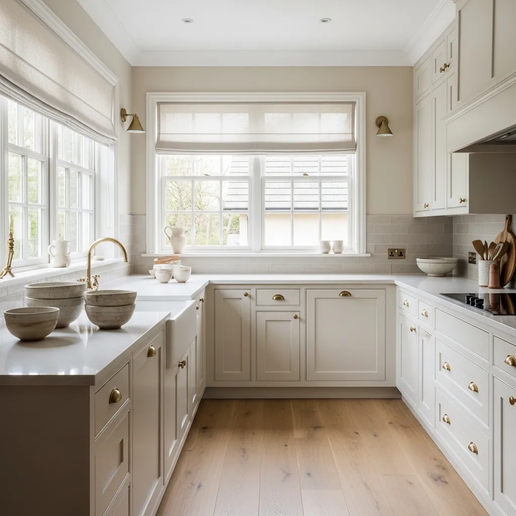 soft beige walls warm white kitchen idea 2026