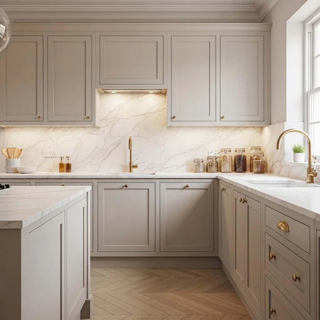 soft marble backsplash warm white kitchen idea modern