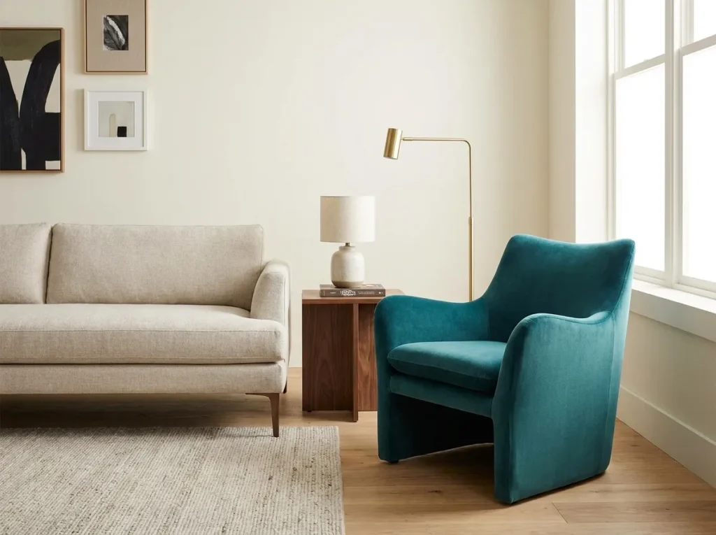 Bold statement accent chair adding vibrant color to a stylish living room