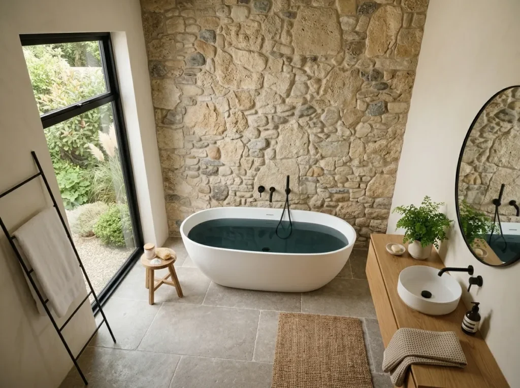 stone accent wall bath tub decor idea spa bathroom