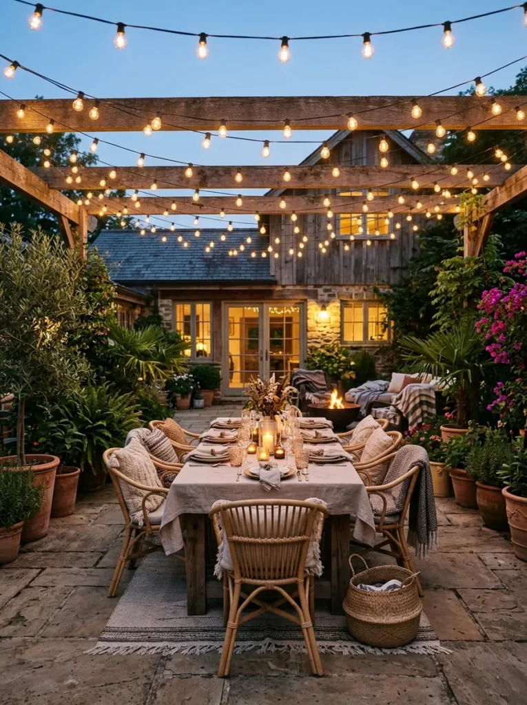 String light canopy over backyard patio creating a warm and cozy outdoor entertaining space at night