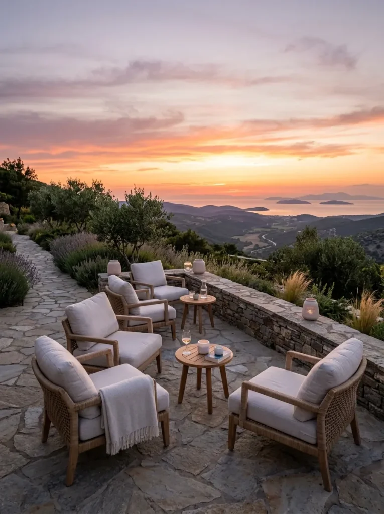Outdoor seating arranged to face sunset view creating a calm and scenic gathering space