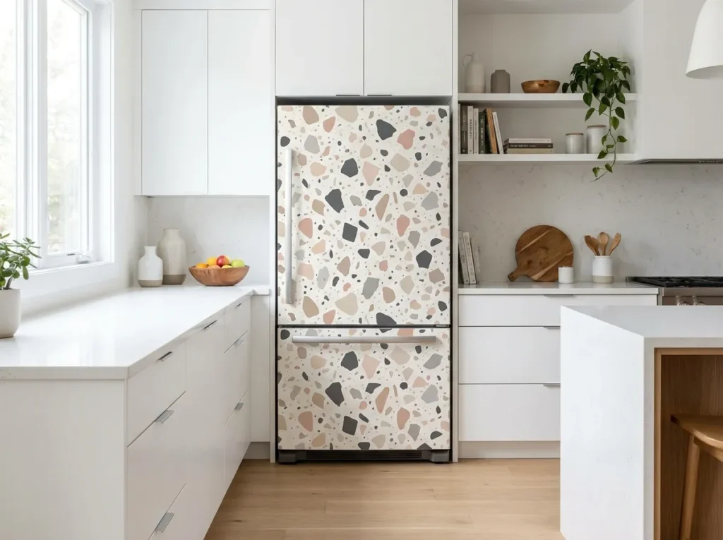 terrazzo texture fridge wallpaper idea stylish kitchen