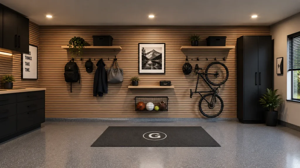 textured wall panels garage interior design idea 2026