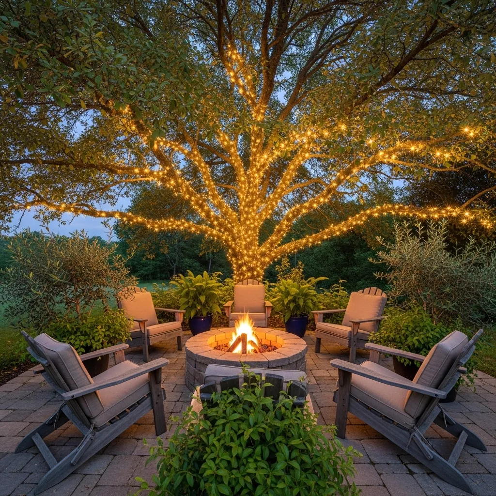 tree branch lights fire pit lighting idea cozy nights