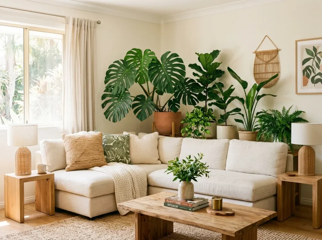 tropical leaf corner living room plants decor idea 2026