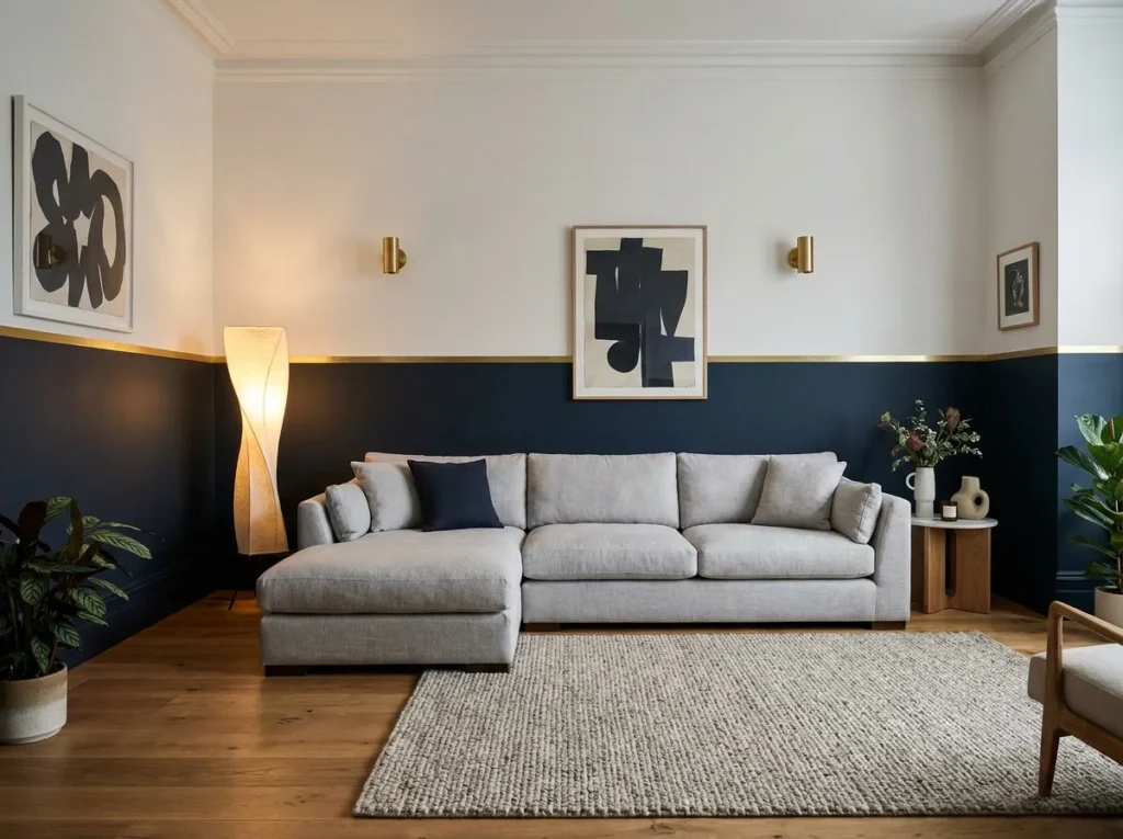 Two tone painted walls creating a bold colorful living room atmosphere
