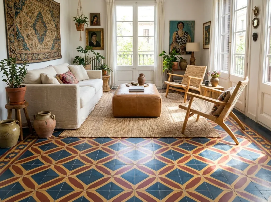 Vibrant colorful floor tiles adding bold pattern and energy to a modern living room