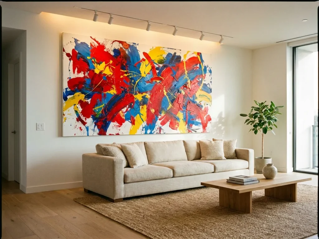 Wall art color splash display creating a vibrant focal point in a living room