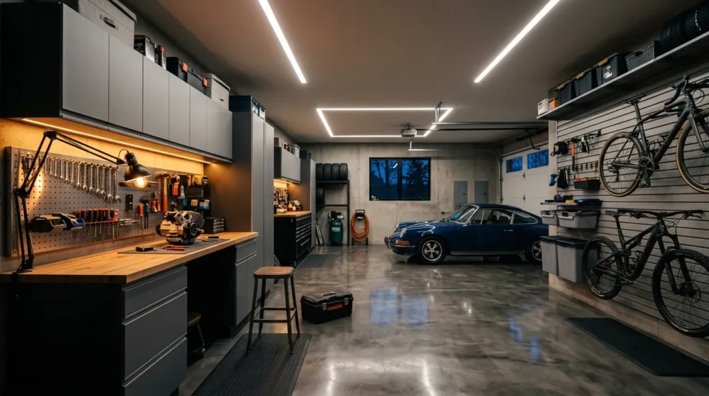 warm lighting layers garage interior design idea modern
