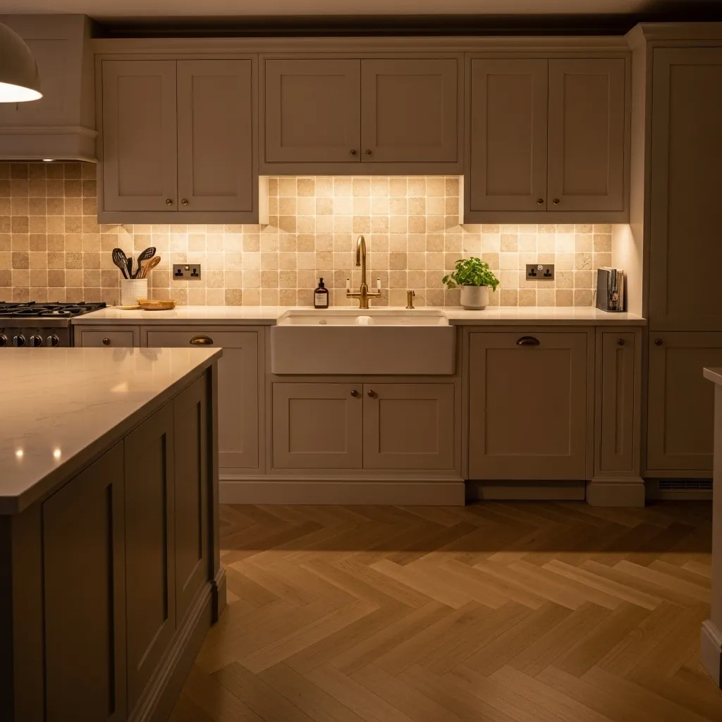 warm underlighting warm white kitchen idea modern