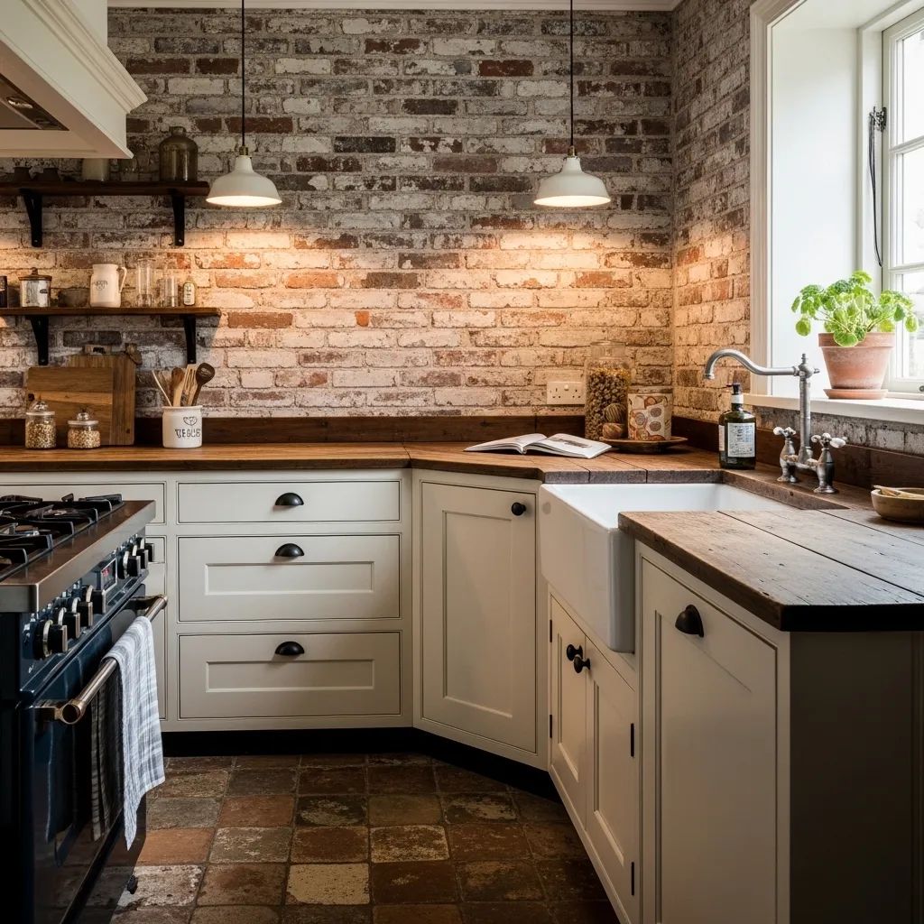 weathered brick backsplash old farmhouse kitchen idea