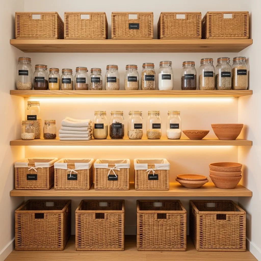 wicker pantry baskets boho kitchen decor idea modern