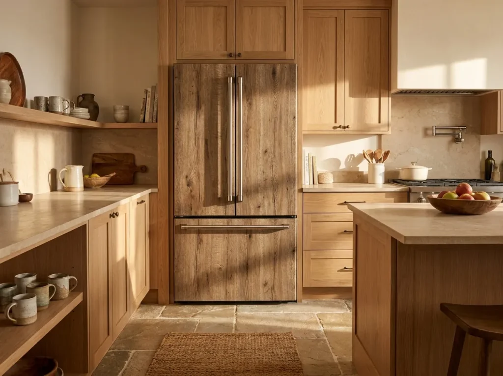 wood grain finish fridge wallpaper idea modern kitchen
