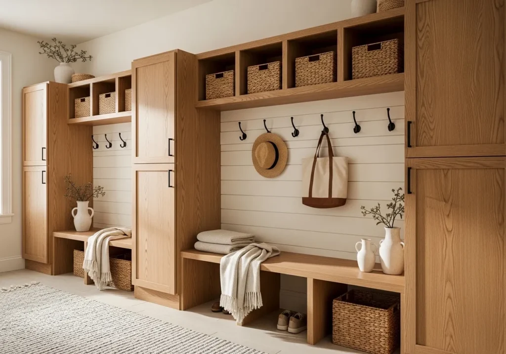 wood tone cubbies mudroom locker idea 2026