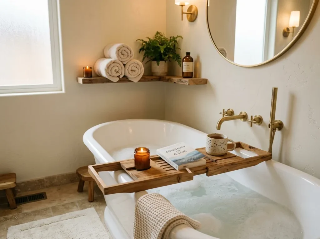wooden bath tray bath tub decor idea spa style