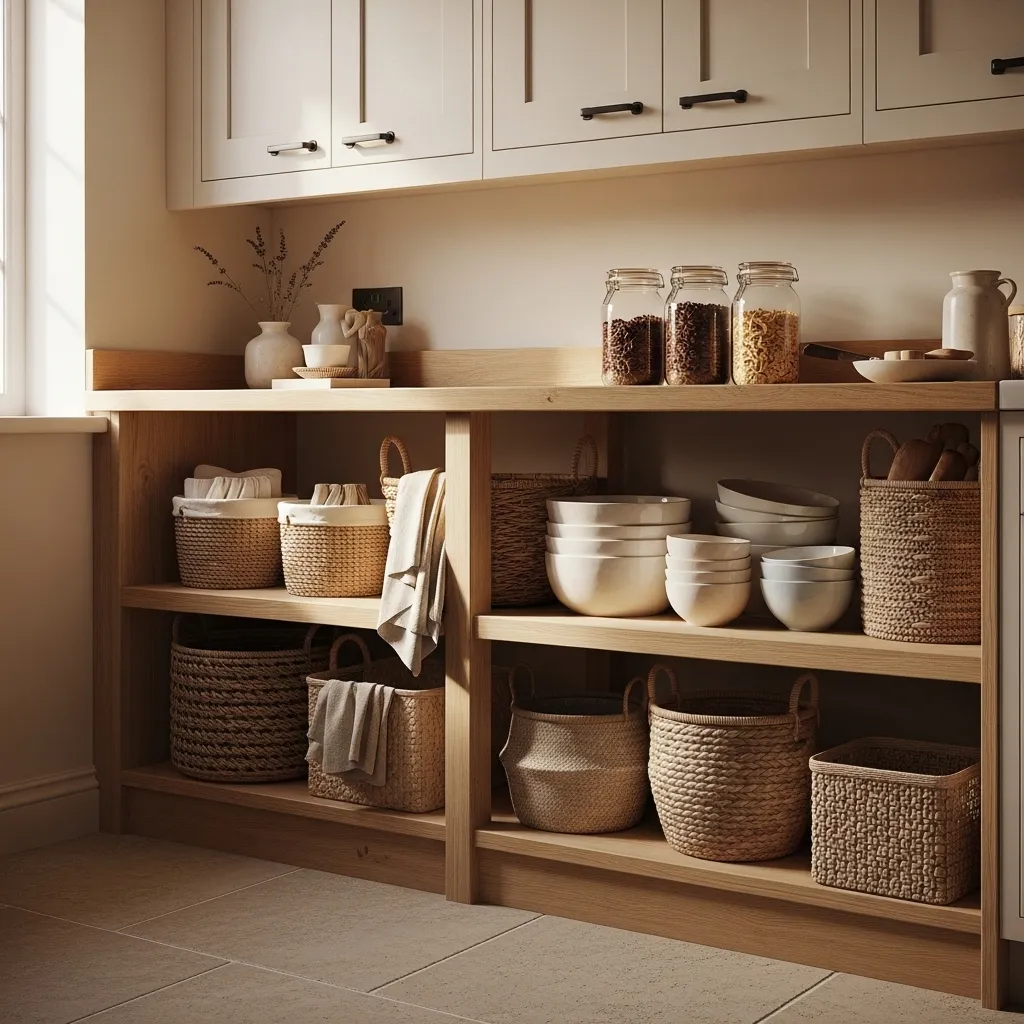 woven basket storage old farmhouse kitchen idea 2026