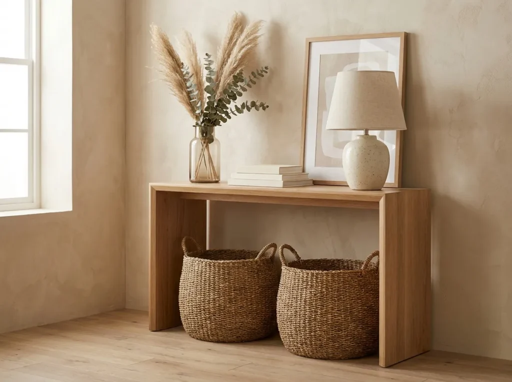 woven basket storage small console table idea modern