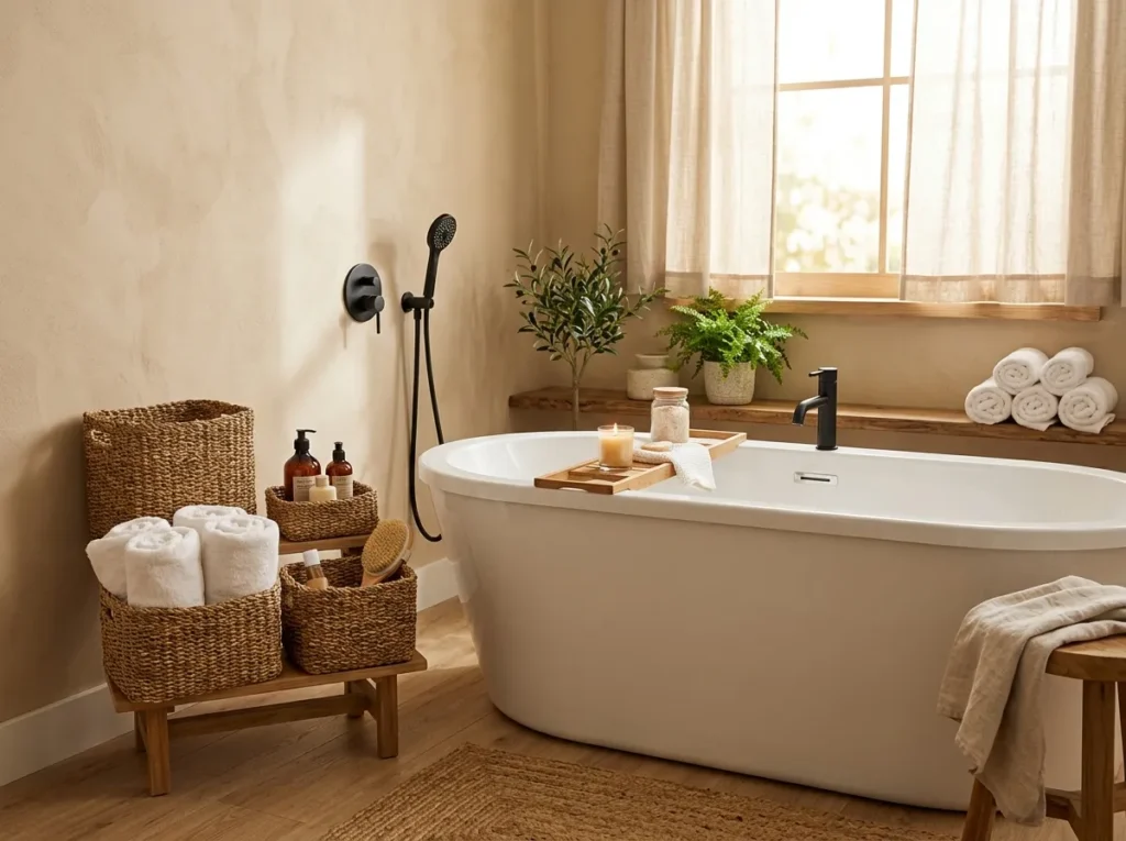 woven storage baskets bath tub decor idea boho bathroom