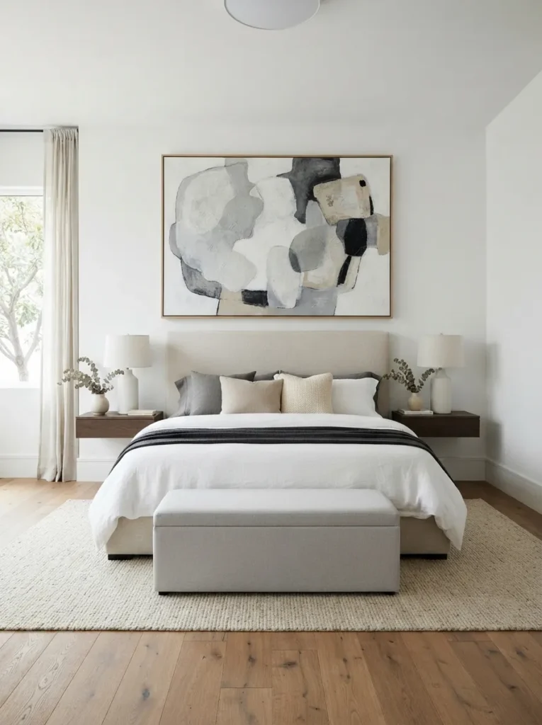 abstract neutral artwork gray and white bedroom idea modern