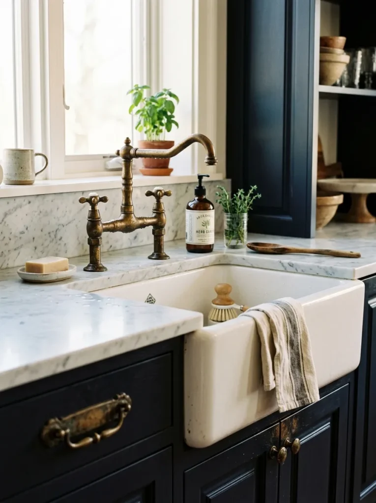 antique brass fixtures moody farmhouse kitchen idea 2026