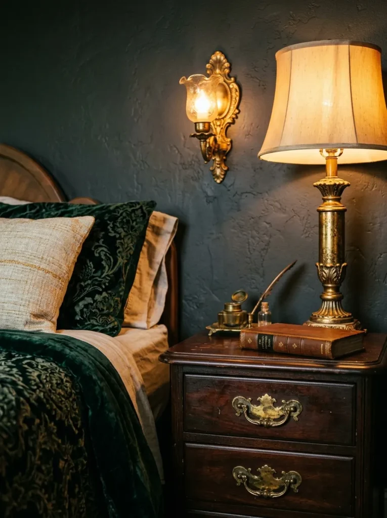 antique gold fixtures dark feminine bedroom idea 2026
