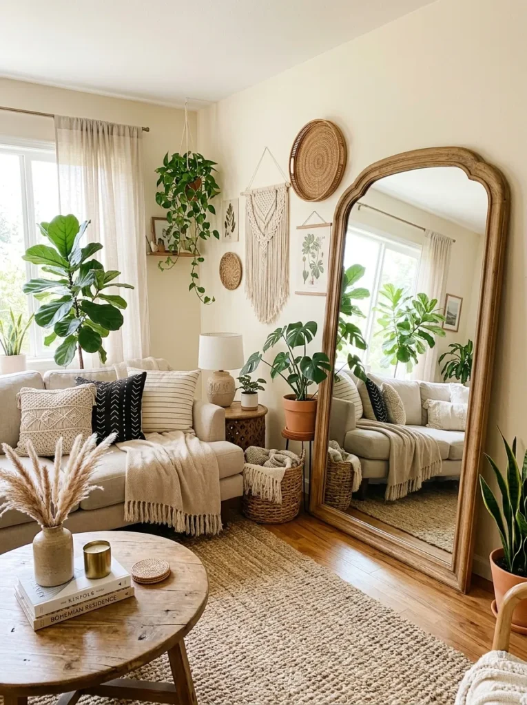 arched mirror focus boho living room idea 2026