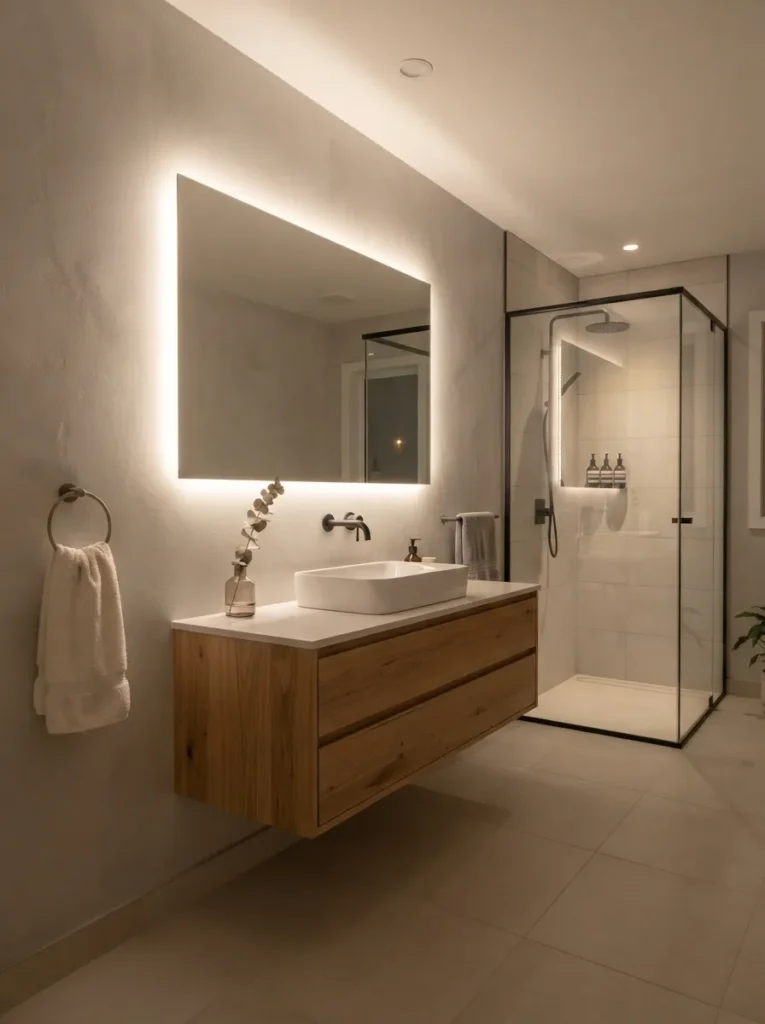 Guest bathroom with LED backlit mirror creating soft ambient lighting