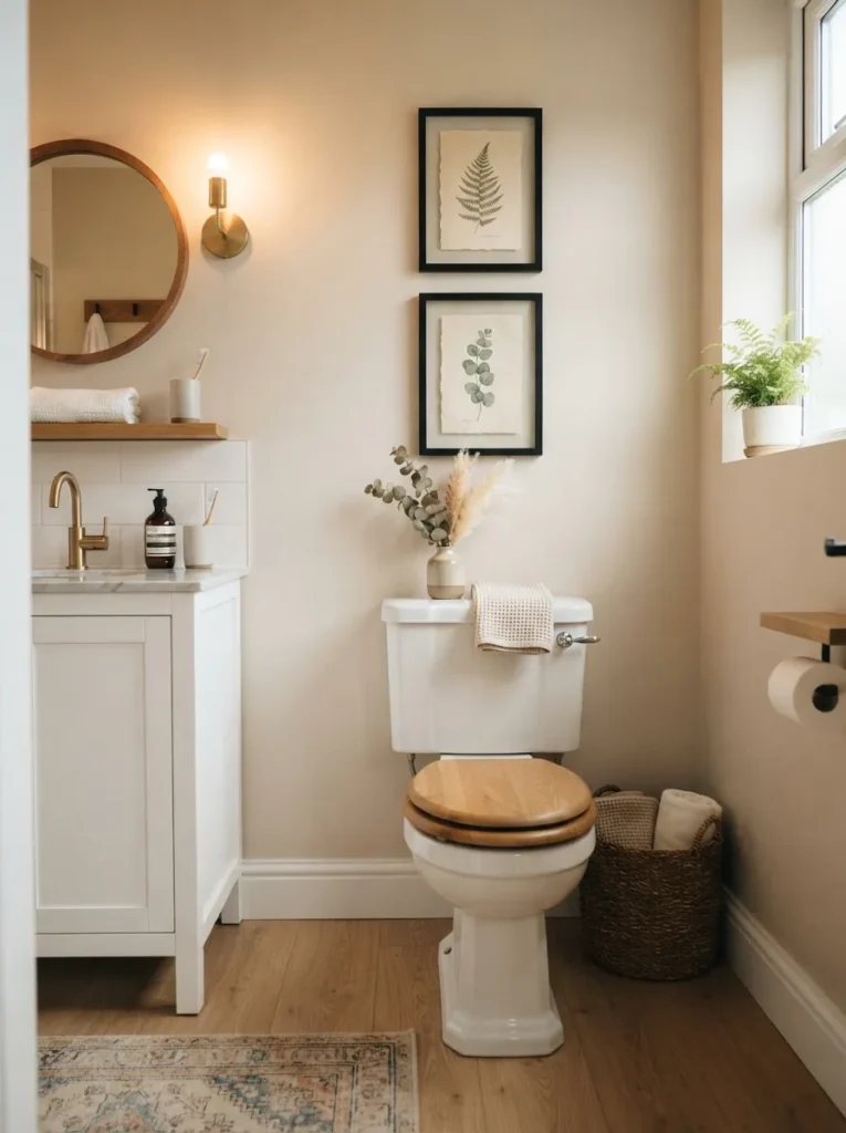 Guest bathroom with framed wall art adding personality and stylish touch
