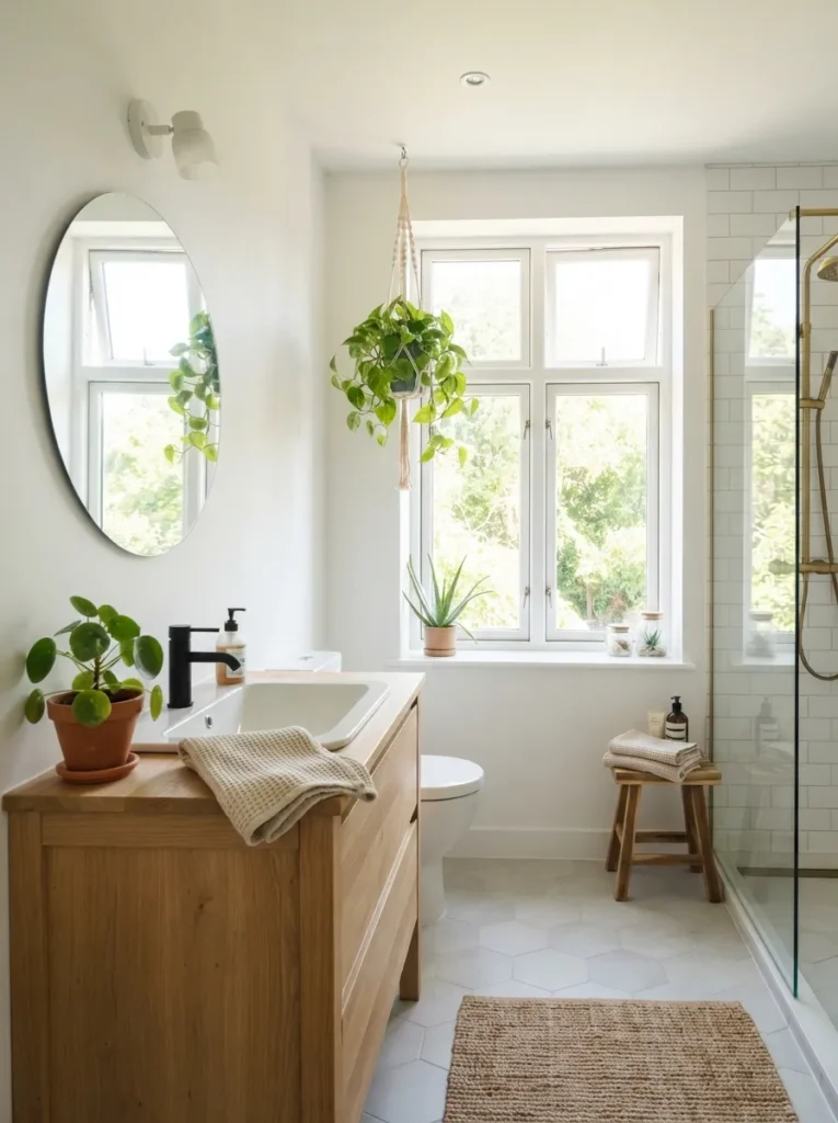 Fresh guest bathroom with small plants adding natural and lively touch