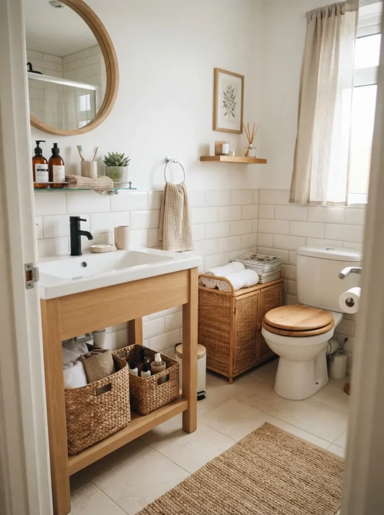 Organized guest bathroom with woven baskets storing towels and essentials