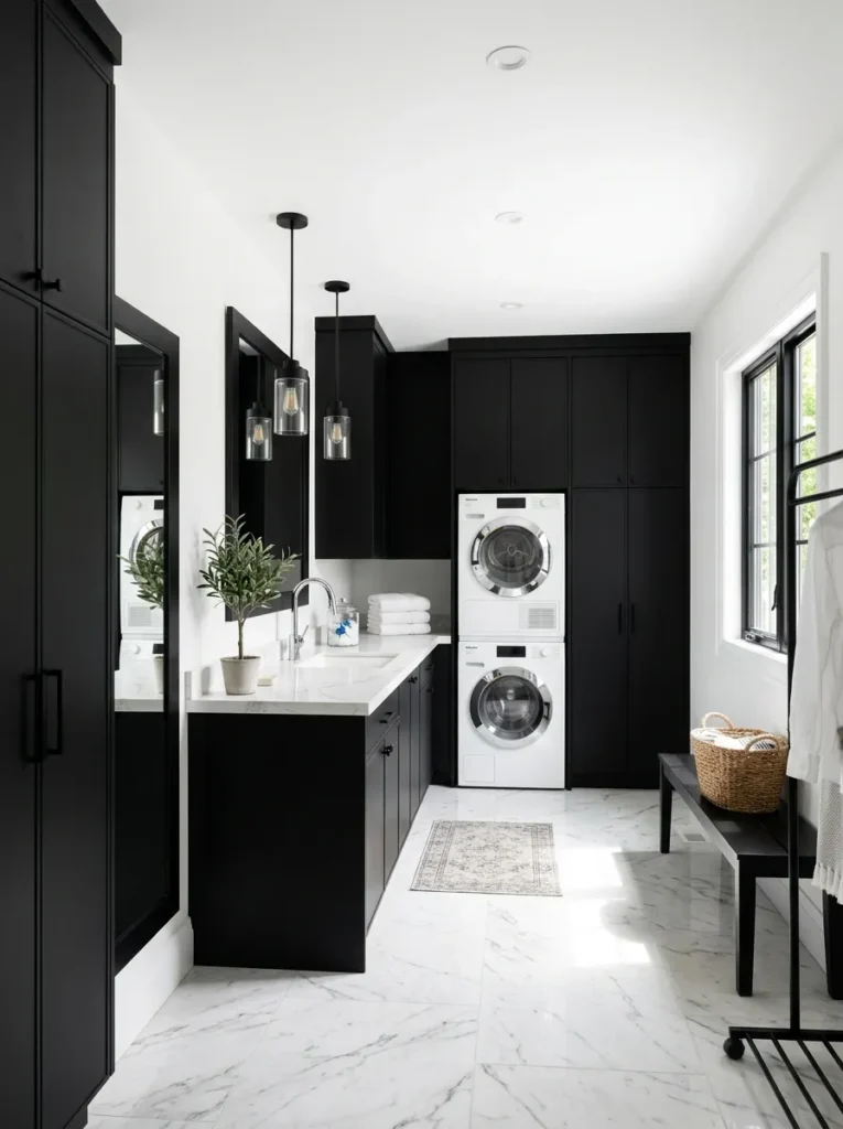 black and white contrast laundry room design idea modern