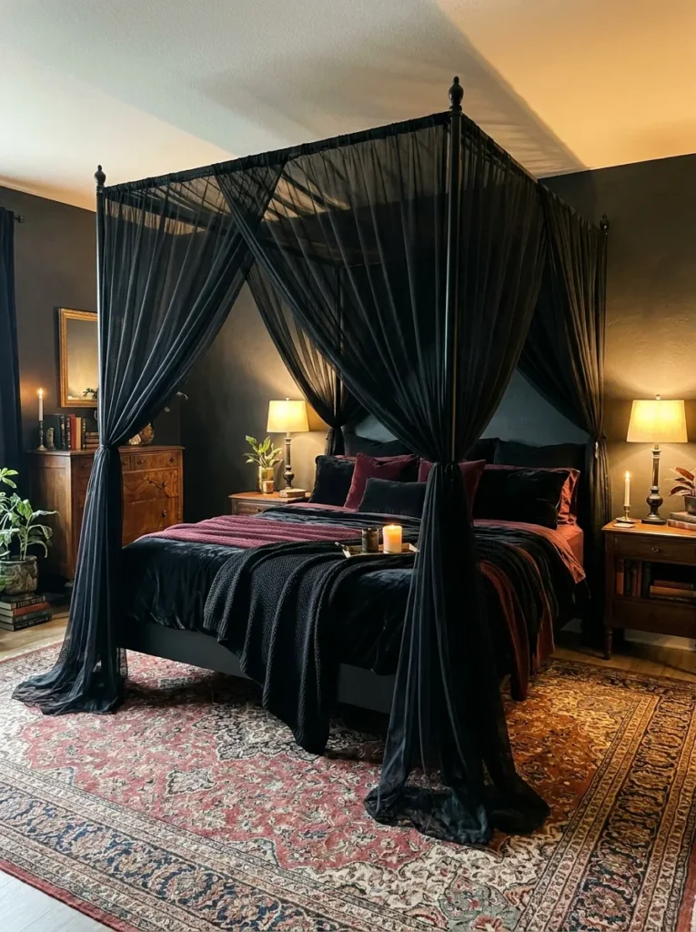 black canopy bed dark feminine bedroom idea 2026
