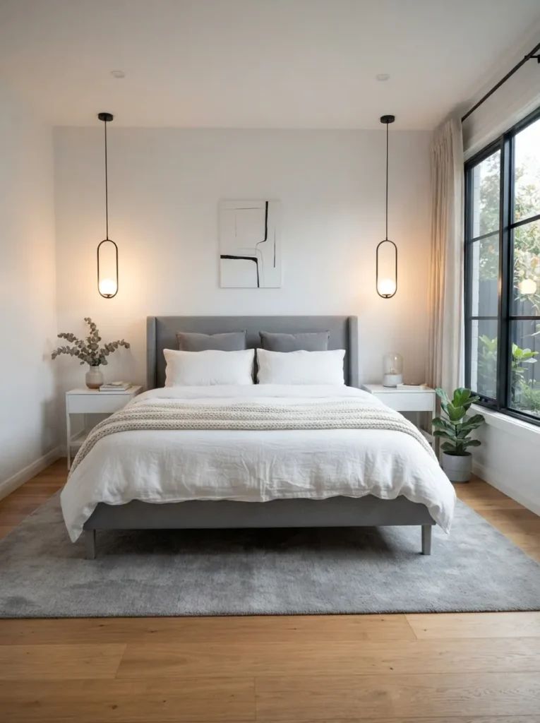 black metal lighting gray and white bedroom idea 2026