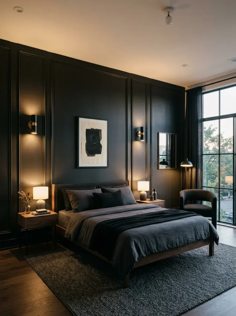 black panel walls dark feminine bedroom idea modern