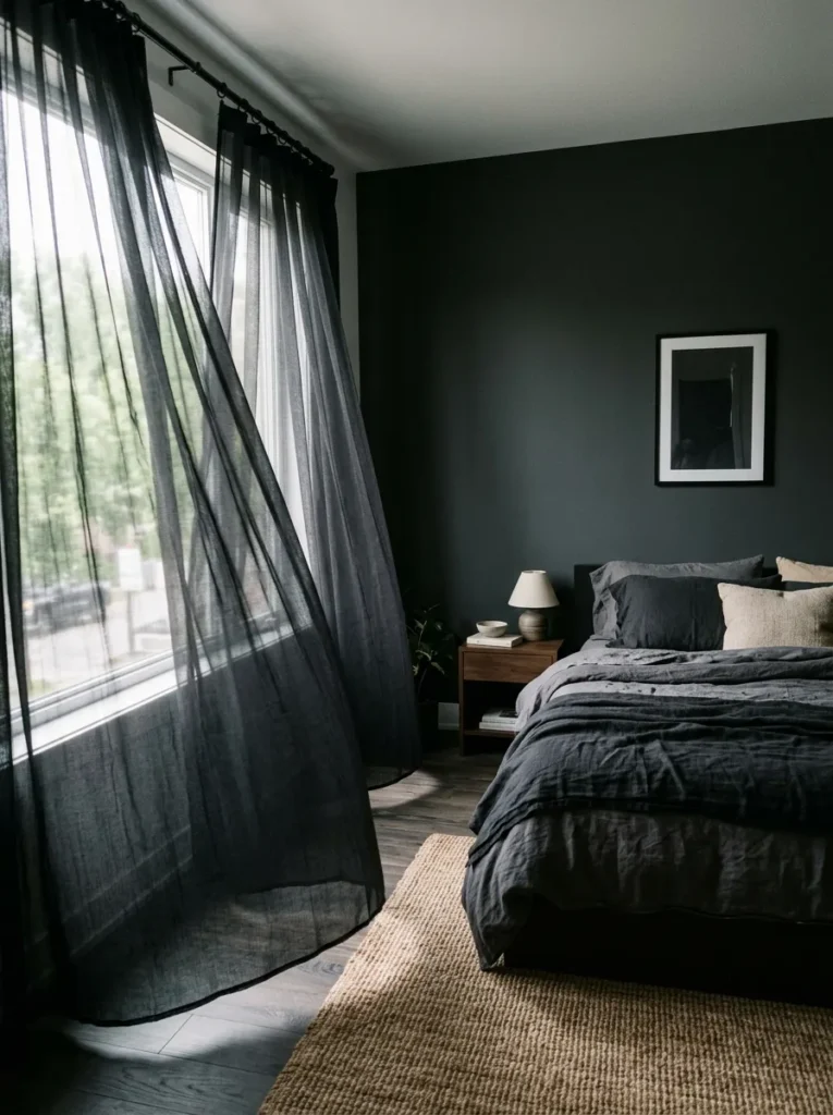 black sheer curtains dark feminine bedroom idea 2026
