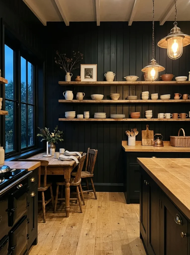 black shiplap walls moody farmhouse kitchen idea modern