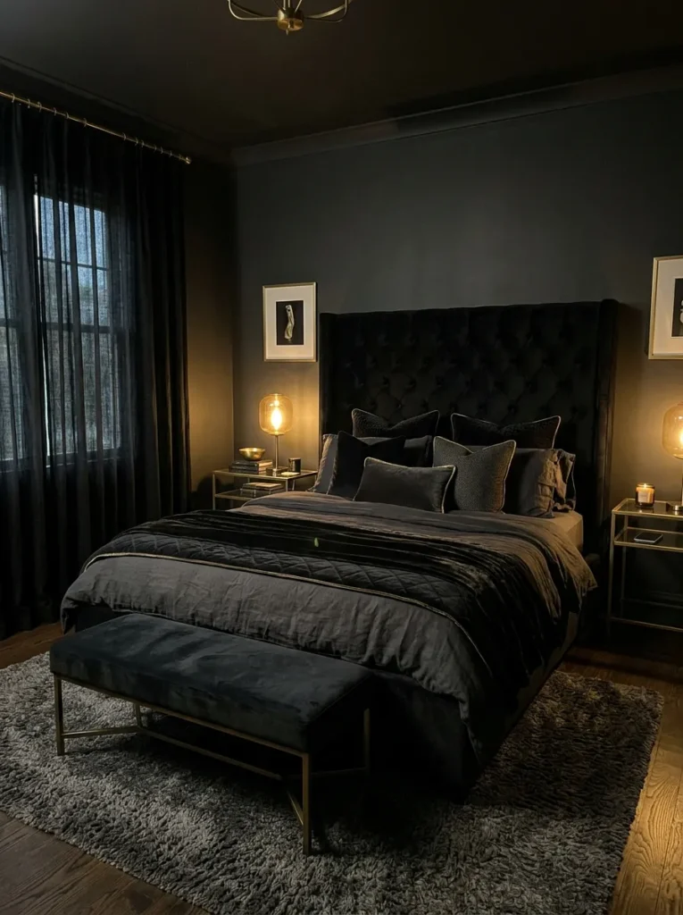 black velvet bed dark feminine bedroom idea 2026