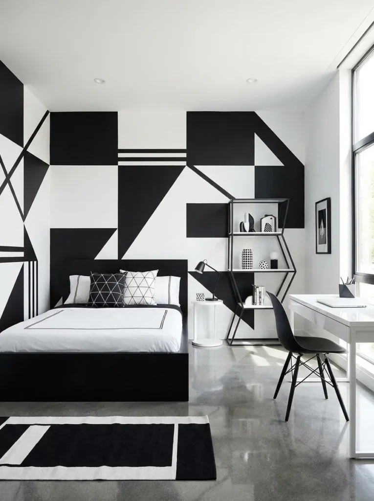 Modern boys bedroom with bold black and white contrast walls and minimalist design