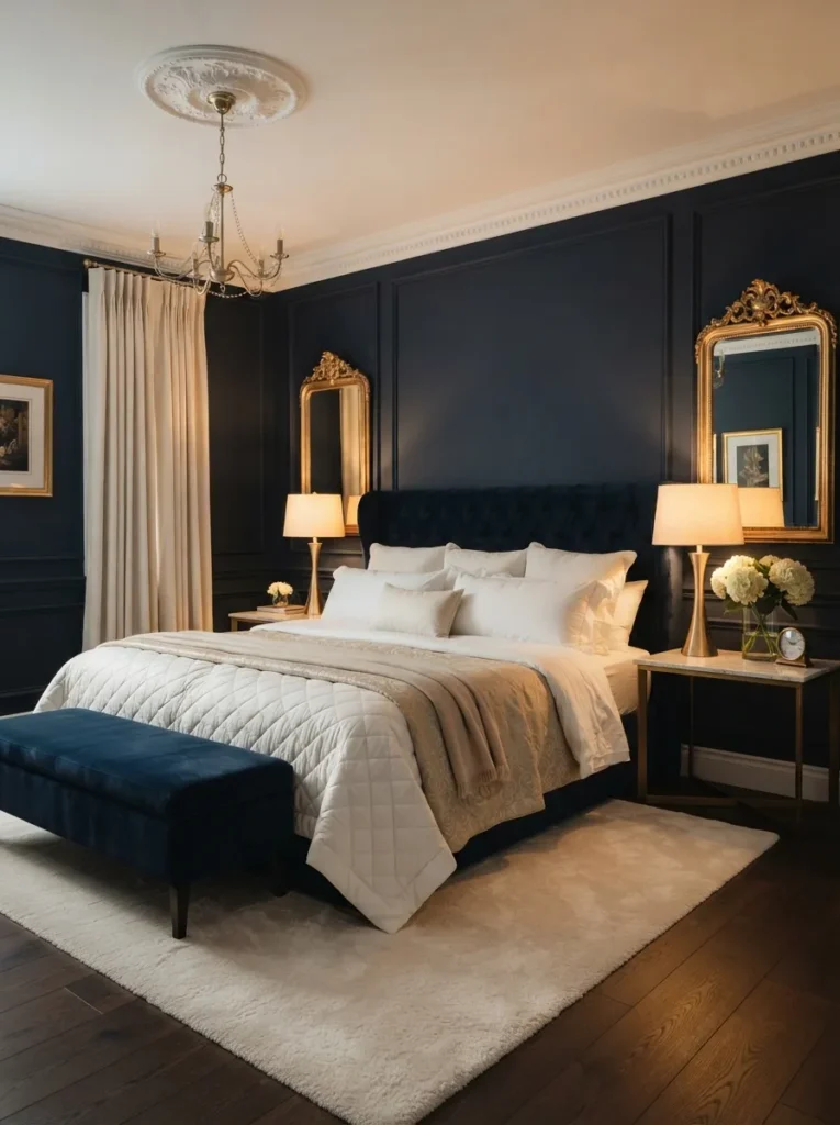 blue and gold contrast dark blue bedroom idea 2026