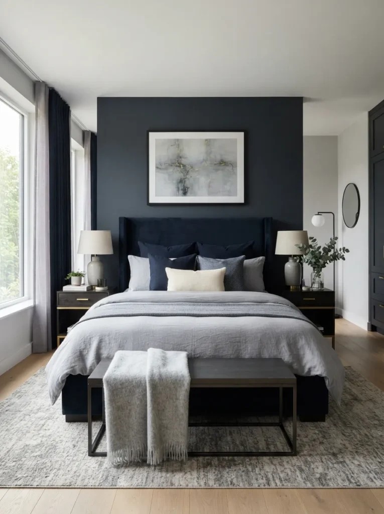 blue and gray mix dark blue bedroom idea modern