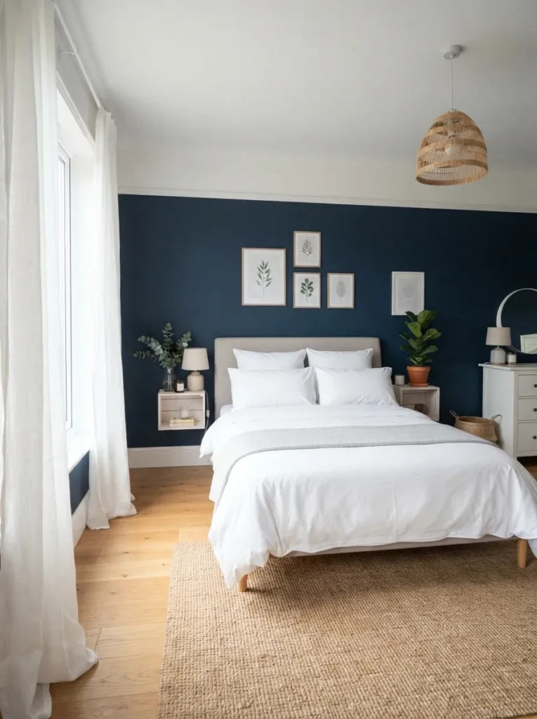 blue and white balance dark blue bedroom idea modern