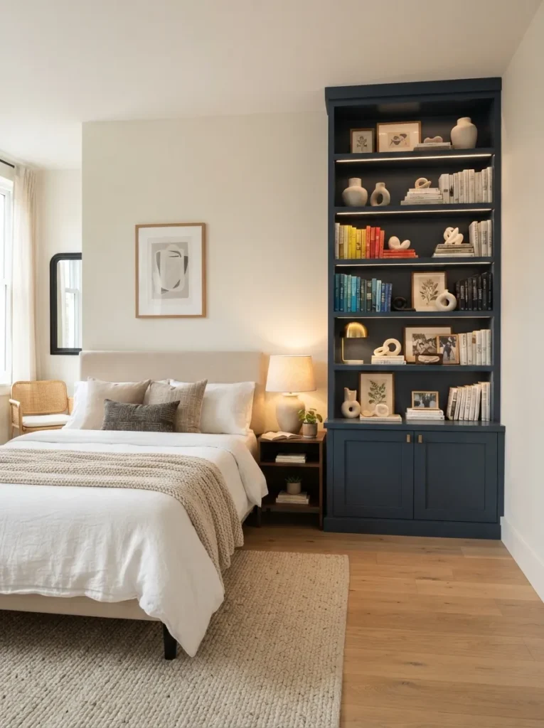 blue built in shelves dark blue bedroom idea modern