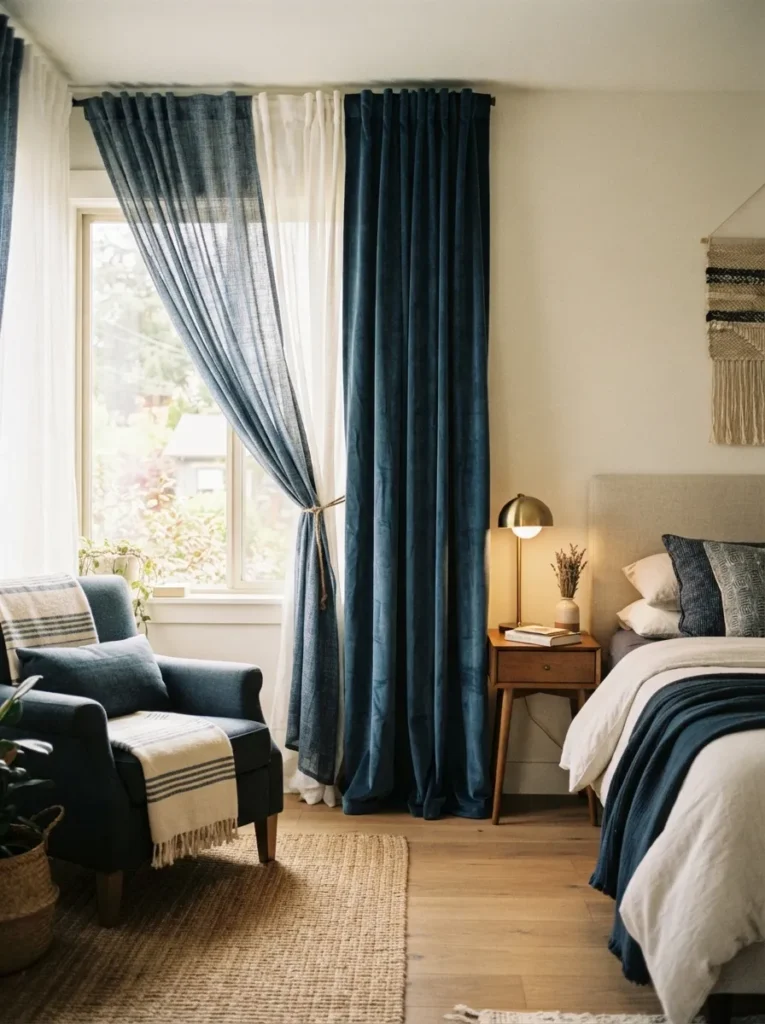 blue curtain layers dark blue bedroom idea 2026