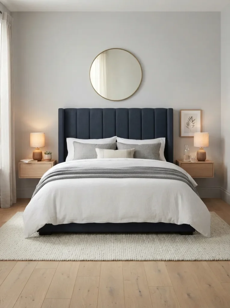 blue headboard focus dark blue bedroom idea 2026