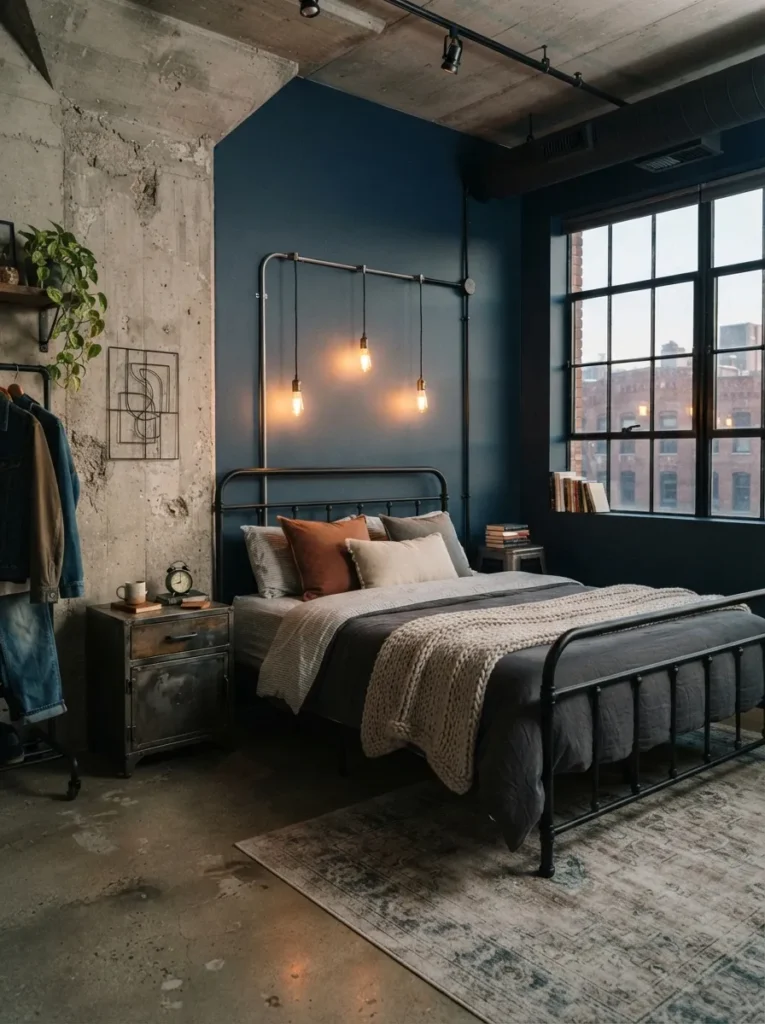 blue industrial style dark blue bedroom idea 2026