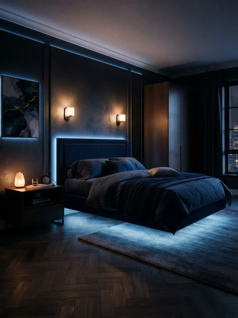 blue lighting accents dark blue bedroom idea 2026
