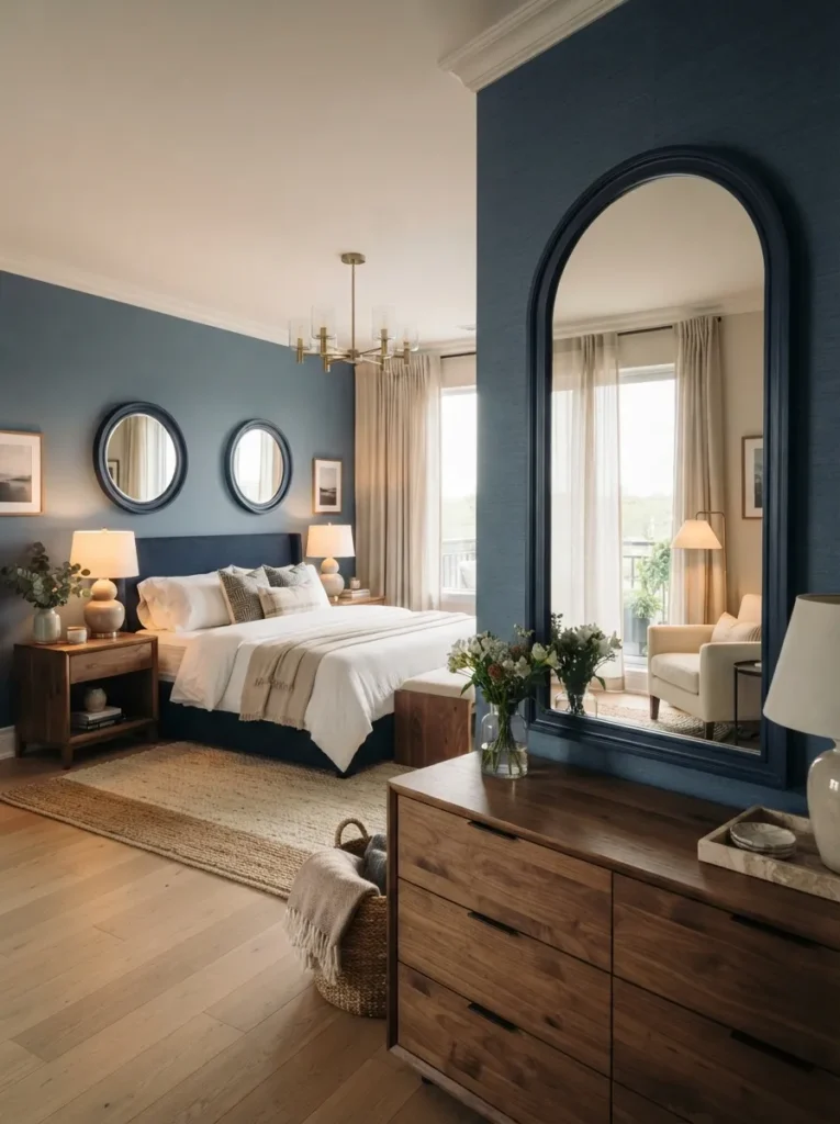 blue mirror accents dark blue bedroom idea modern