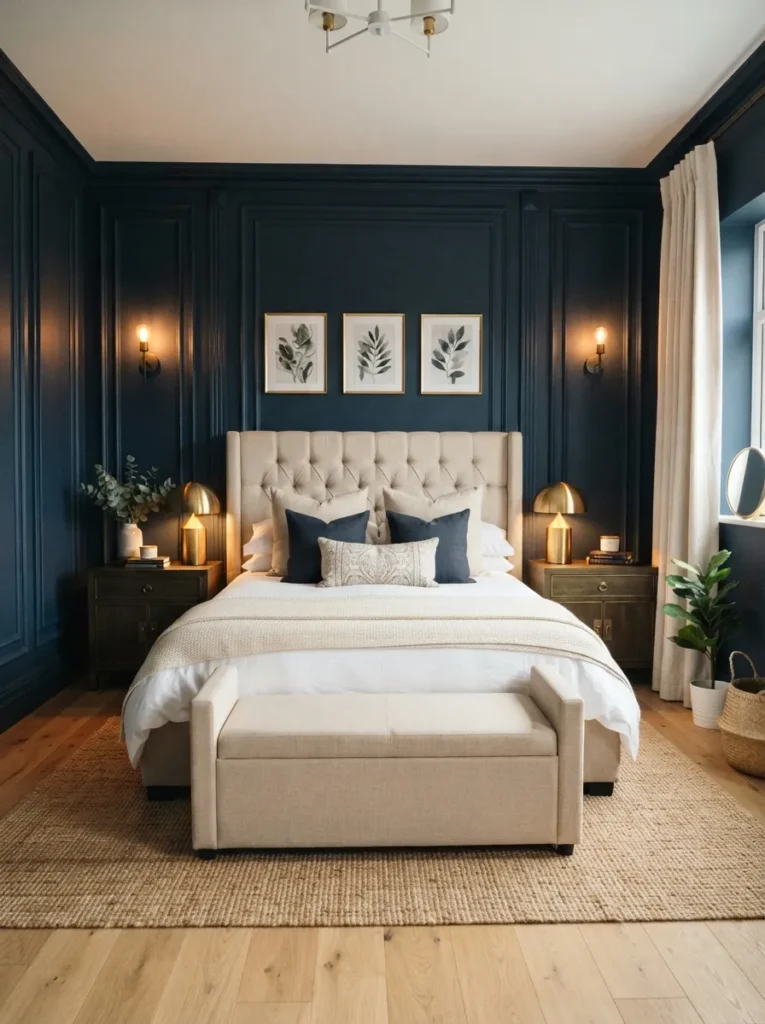 blue panel walls dark blue bedroom idea 2026