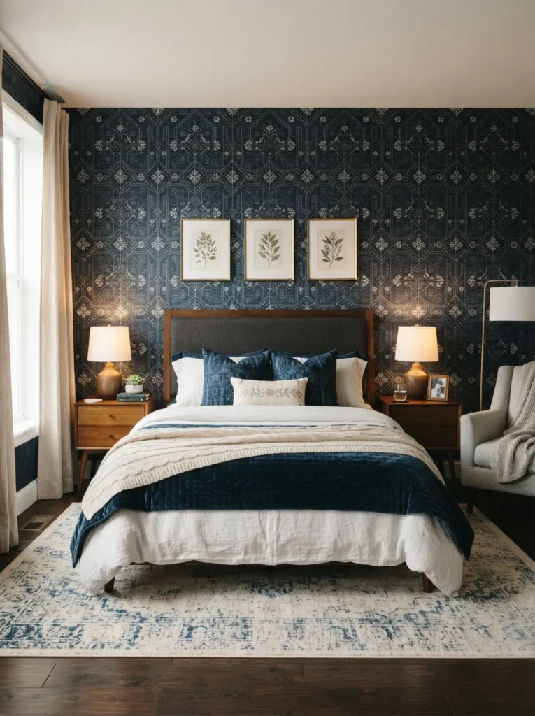 blue pattern wallpaper dark blue bedroom idea 2026